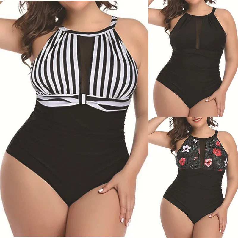 Women's black lace one-piece swimsuit on a hanger, with red floral and stripe pattern options shown.
