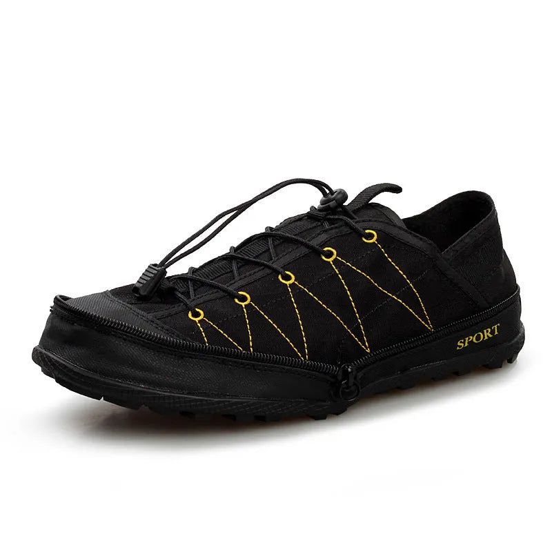 Orange foldable outdoor hiking shoe with mesh upper and side zipper, shown flat and folded.