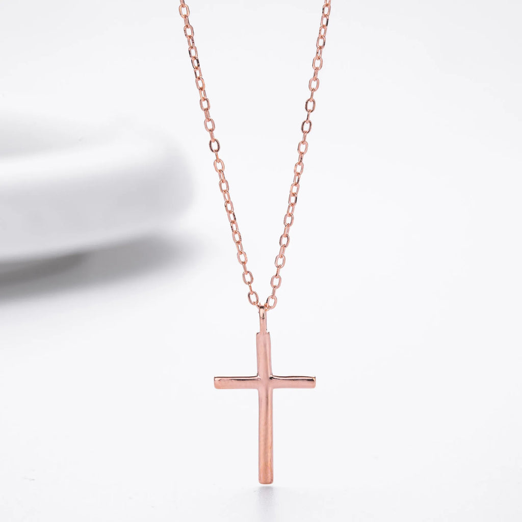 S925 sterling silver necklace with simple cross pendant on O-shaped chain in gold plating