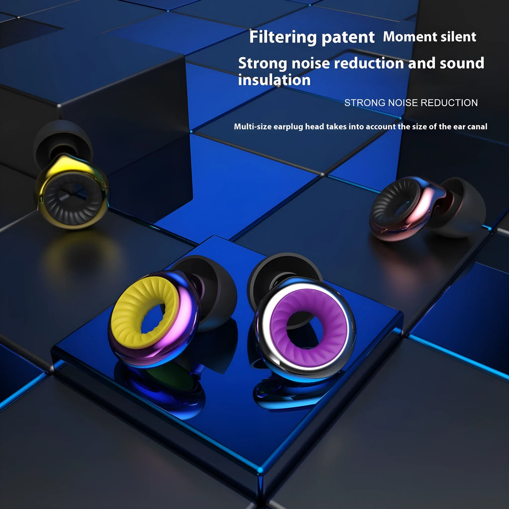 Set of coloured silicone sleep earplugs in gold, silver, purple, rose gold, and transparent with a black storage box.