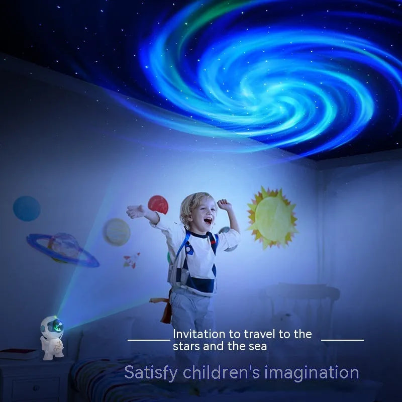White astronaut starry sky projection lamp with 8 colour options and remote control on a shelf