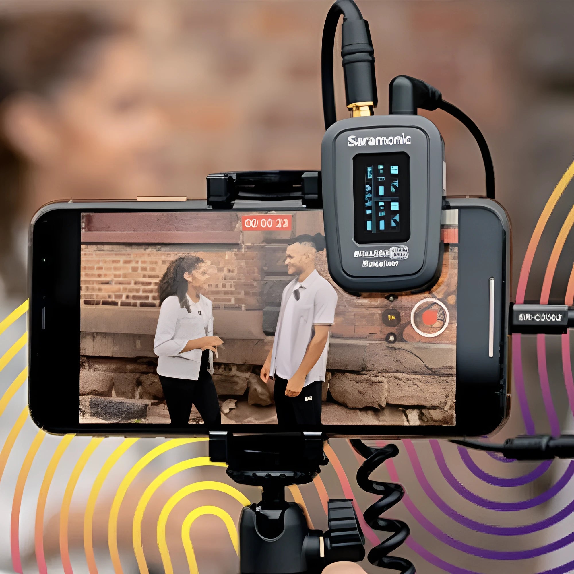 Wireless lapel microphone clip Little Bee with OLED display and 3.5mm input on black background