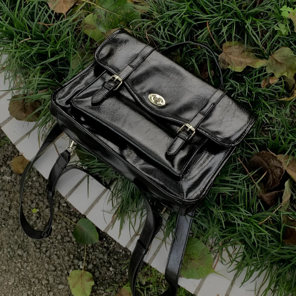 Black college style messenger bag with oil wax PU leather and 35cm dimensions
