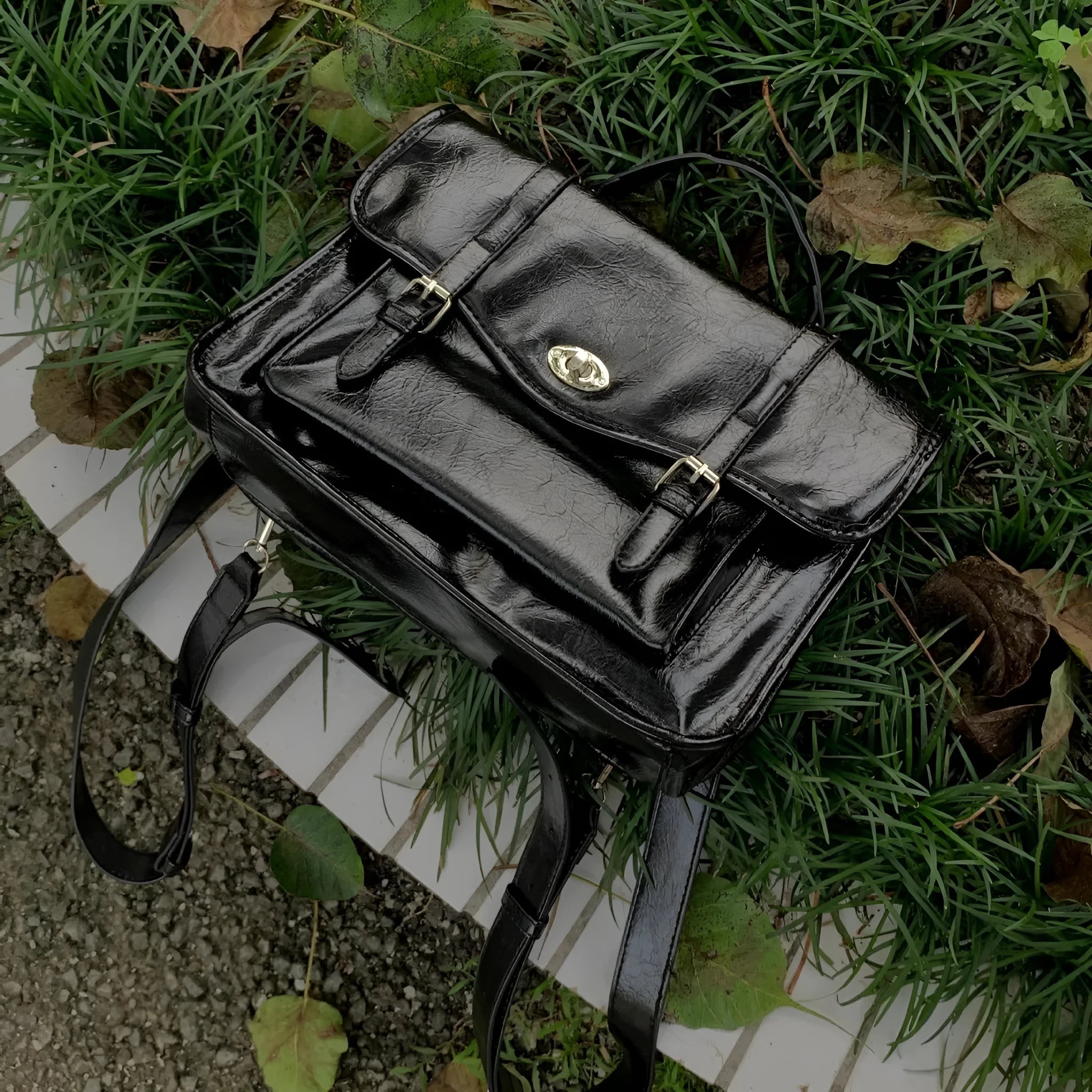 Black college style messenger bag with oil wax PU leather and 35cm dimensions