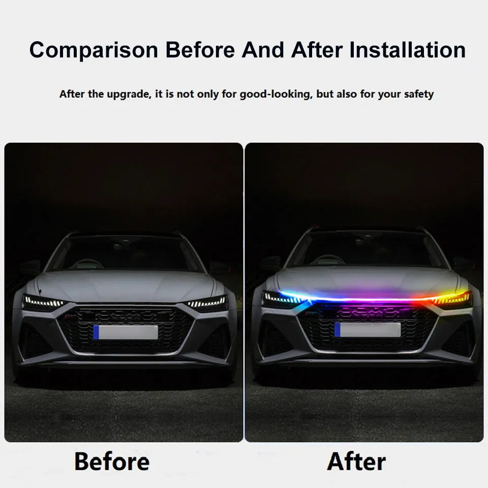 LED strip light for General Motors vehicle engine cover in white, red, blue, or colourful modes.