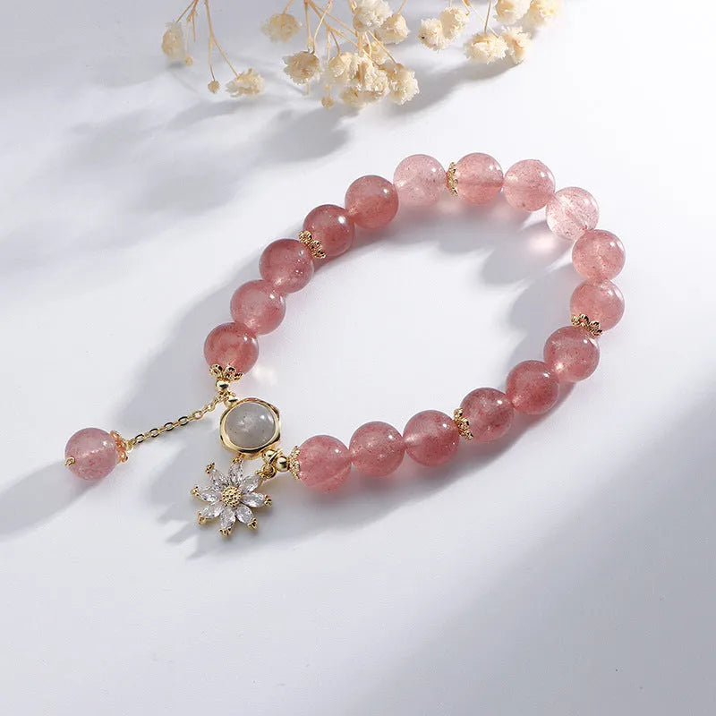 Mori style strawberry quartz crystal bracelet with electroplated finish and floral elements