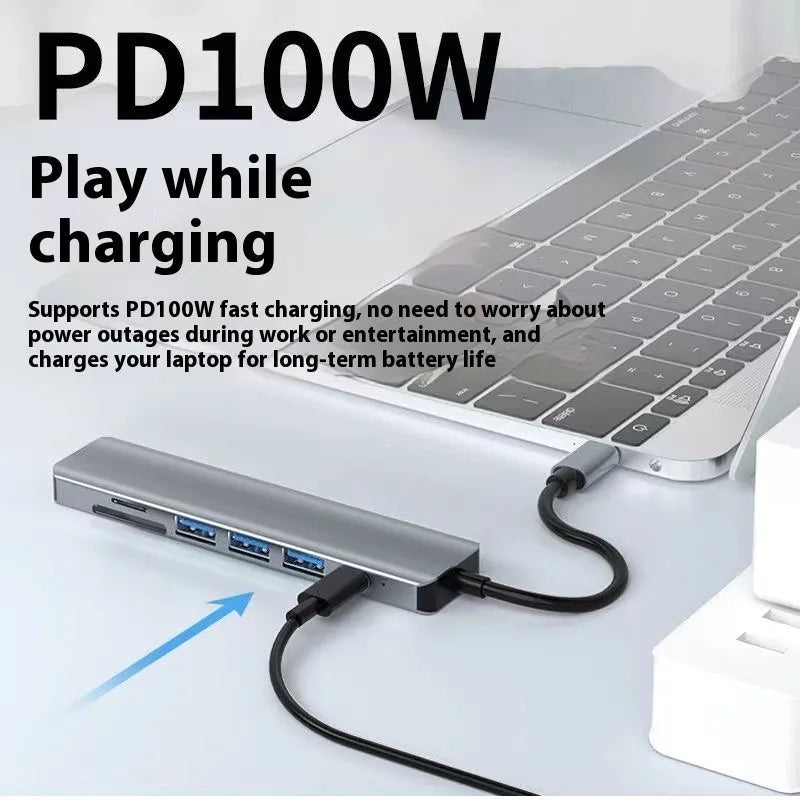 Type-C 7-in-1 expansion dock with HDMI, USB ports and card reader on 15cm cable