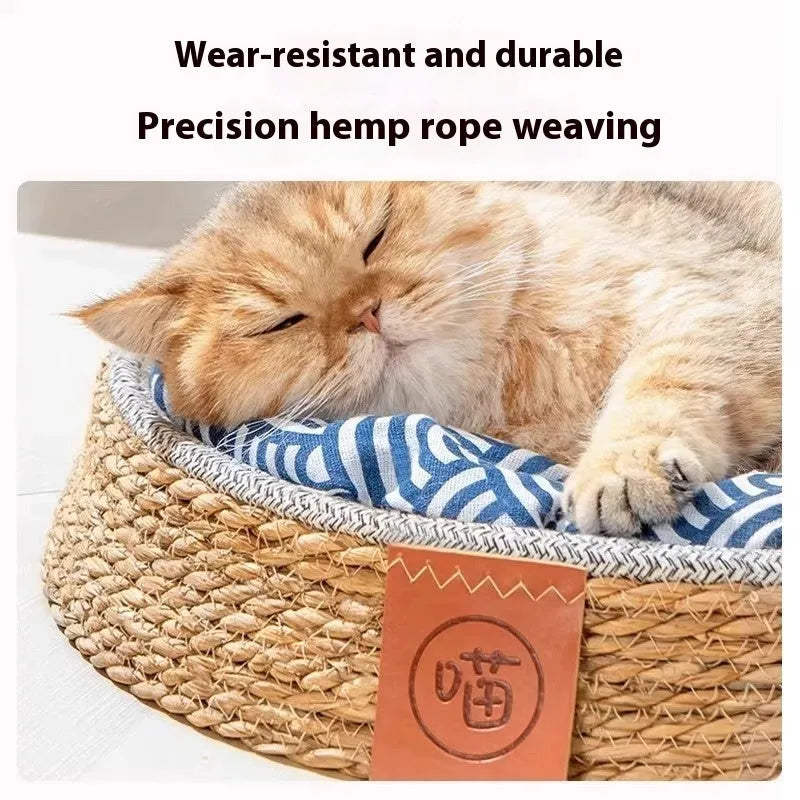 Rattan woven cat nest bed for pets, shown in a natural colour.