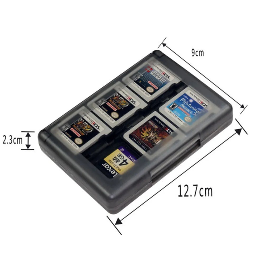 Black NDS 3DS game card storage box holding multiple game cartridges