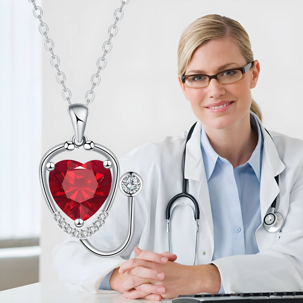 Red diamond colour copper stethoscope pendant necklace on a chain for women