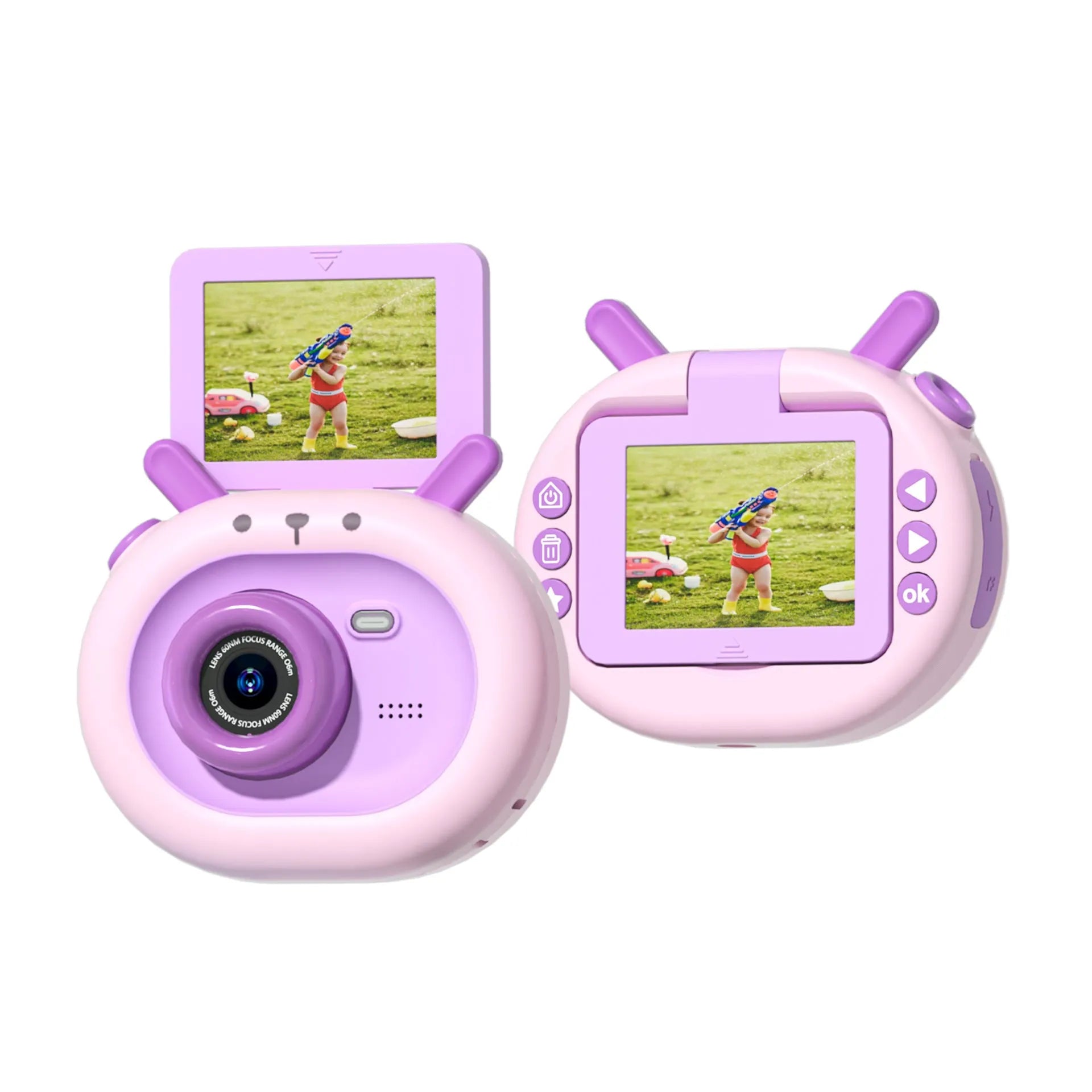 Purple and dark green children's digital camera with flip screen, silicone case lanyard, and USB cable