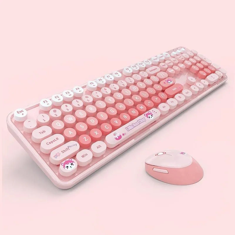 Wireless keyboard and mouse set in a mixed colour option on a desk