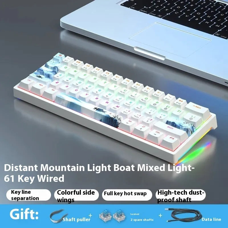 Bluish black 61-key compact mechanical keyboard with hot-swappable sockets and coloured keycaps.