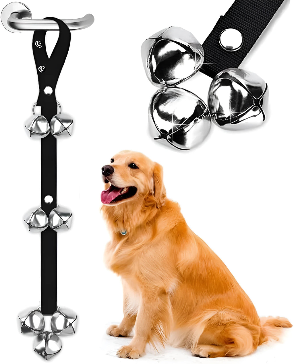 Seven silver metal dog training bells on an adjustable black nylon leash