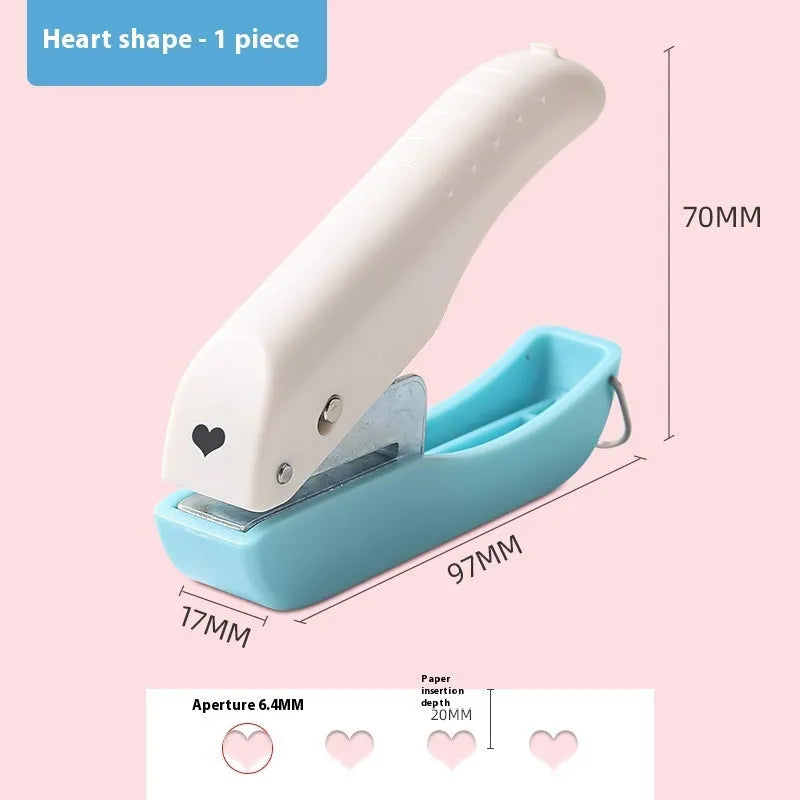 Small manual handheld embossing punch tool with four metal dies: Love, Star, 4mm and 6mm round dots.