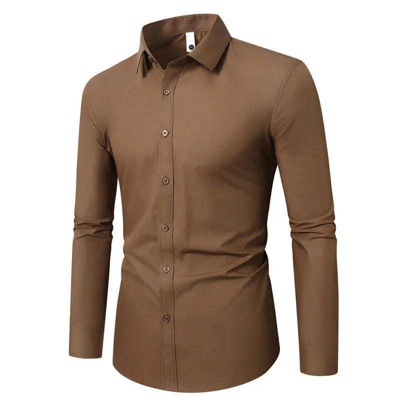 Men's long-sleeve linen shirt in a slim, loose fit on a hanger, shown in a navy blue colour.