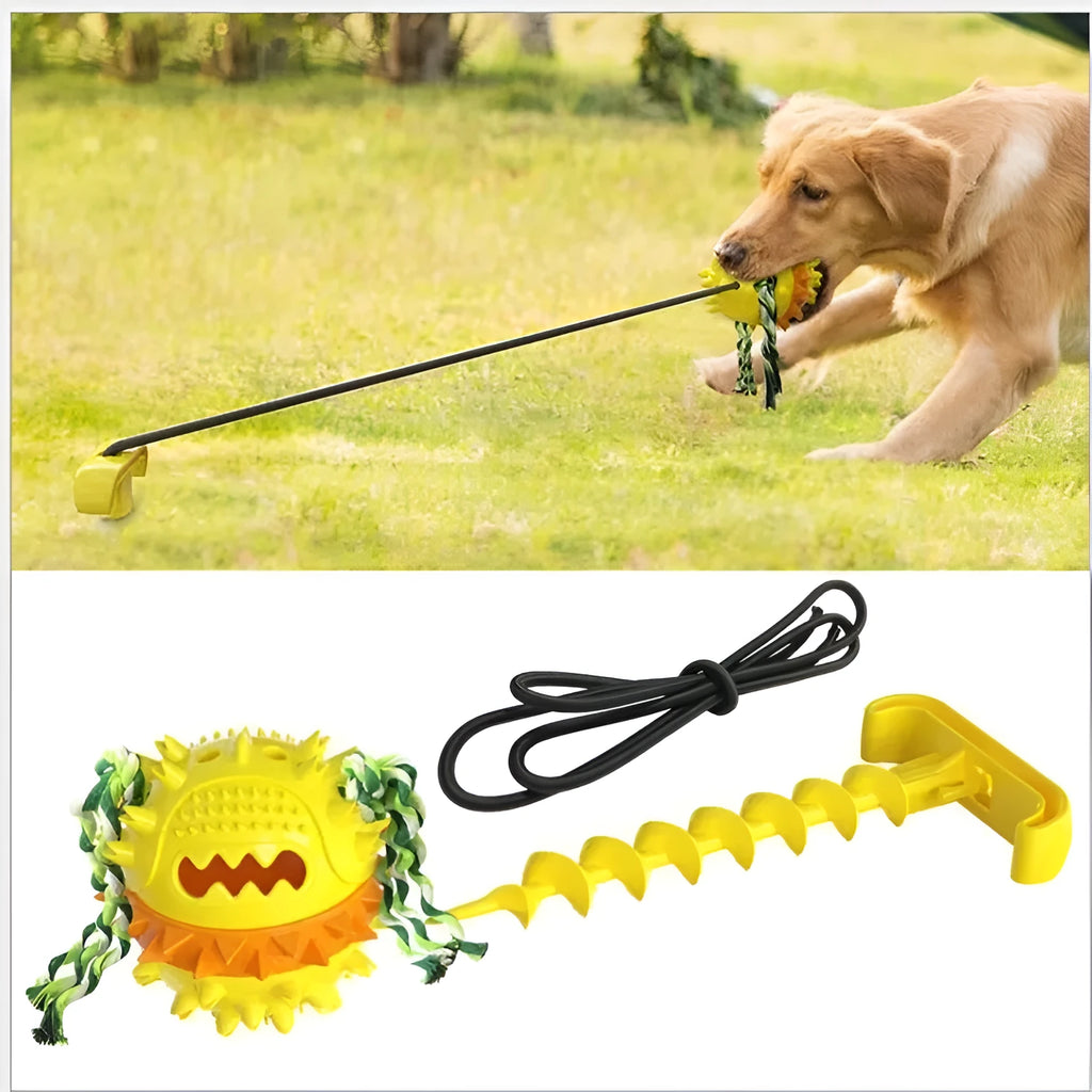 TPR dog teething toy with draw rope and ball in bright yellow or American blue