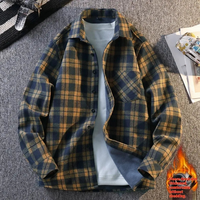 Men's turn-down collar long sleeve flannel shirt in yellow plaid with fleece lining