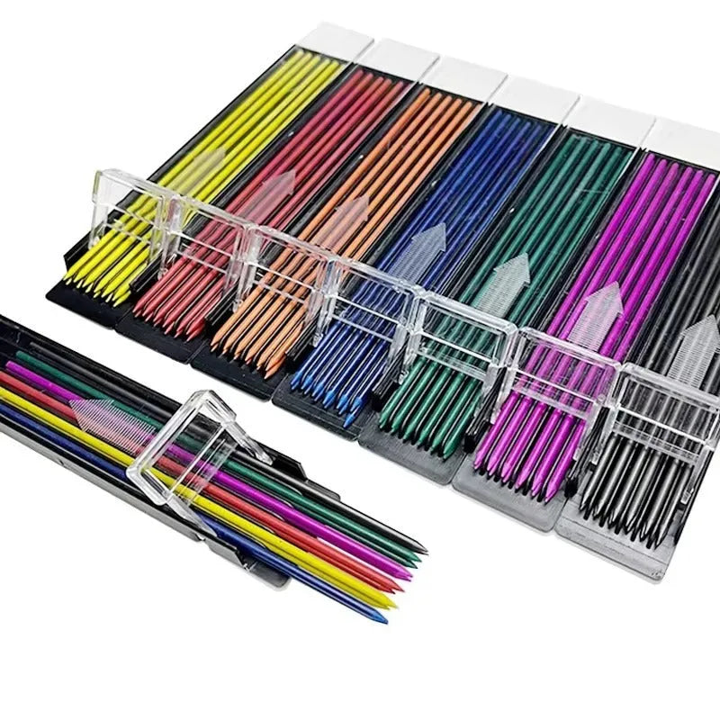 Plastic box containing 12 refill leads for a 0.5mm mechanical pencil in various colours.