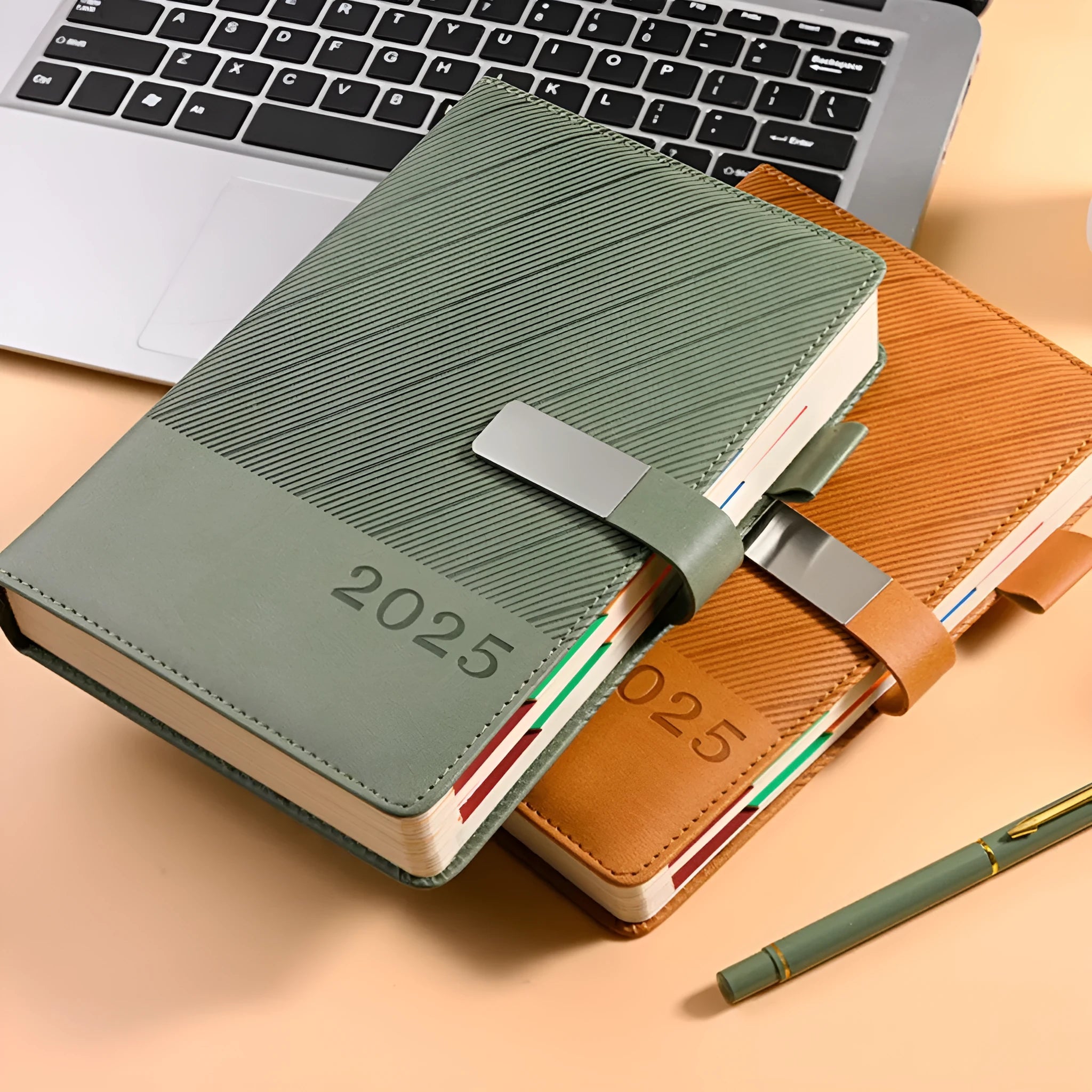 A4 notepad with striped PU leather cover open to show 80g wood-free paper pages