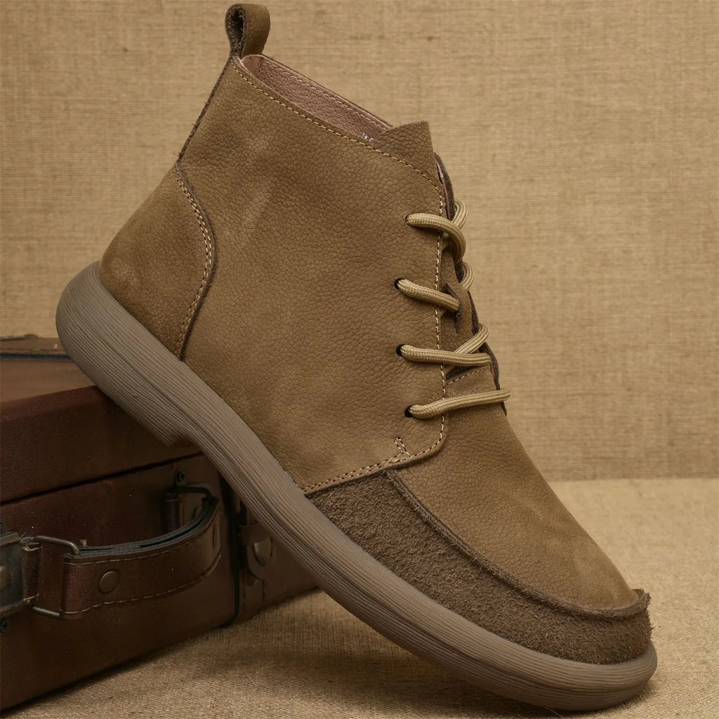 Genuine leather British-style Martin boots with wedge heel in frost-grey colour showing lace-up design and mid-calf length