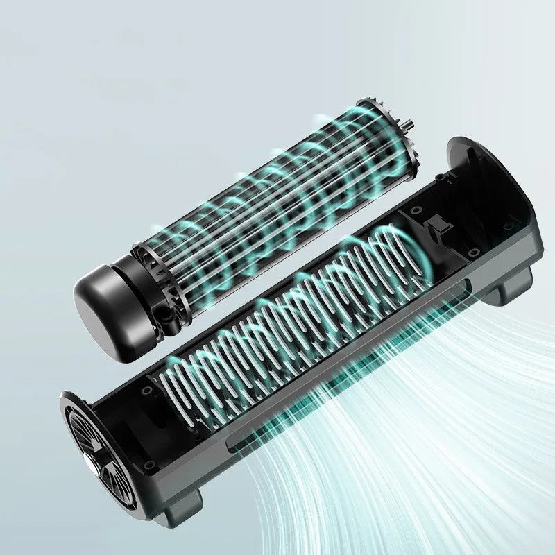 Compact black bladeless car ventilation fan with USB cable on a car dashboard.