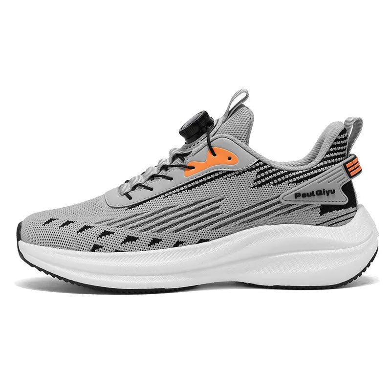 Men's black running shoes with rotating buckle fastening and Fly-knit mesh upper on TPU sole