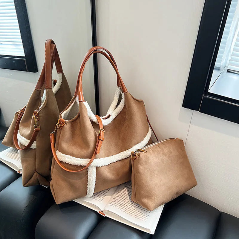 2pcs women's plush tote shoulder bag, large capacity suede-style handbag, black or brown, PU outer, polyester lining