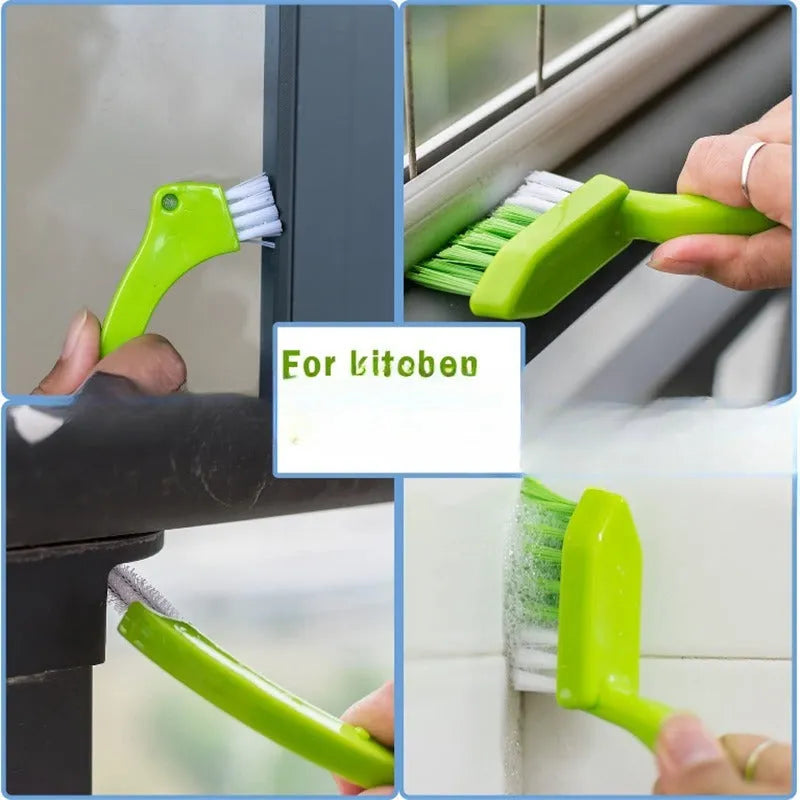 Green plastic floor seam cleaning brush set three pieces on a tiled floor