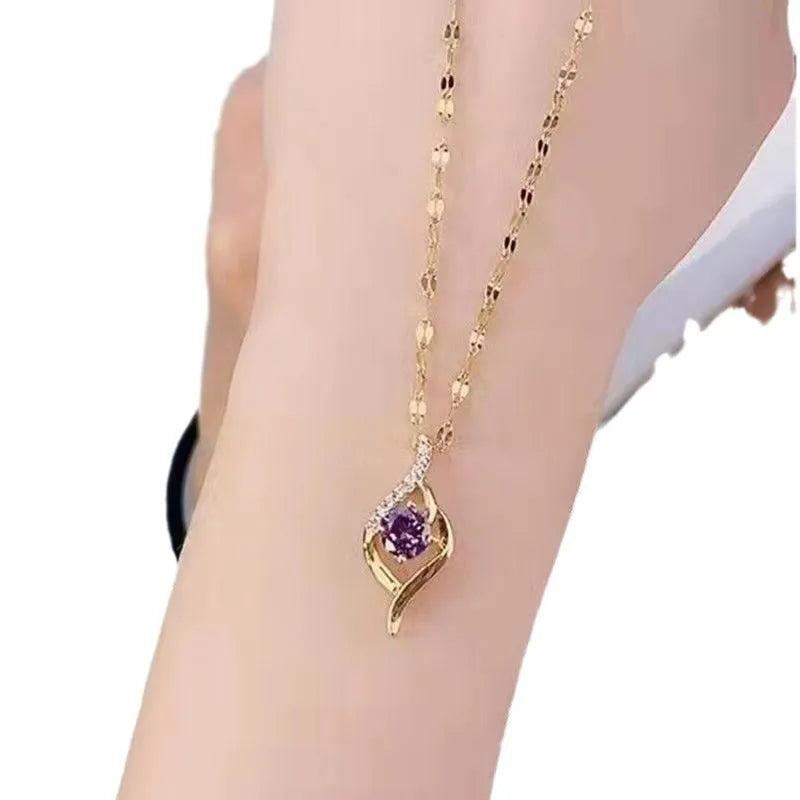 Purple geometric pendant necklace with round, oval, octagonal and quadrangle shapes, mixed material, unisex fashion jewellery