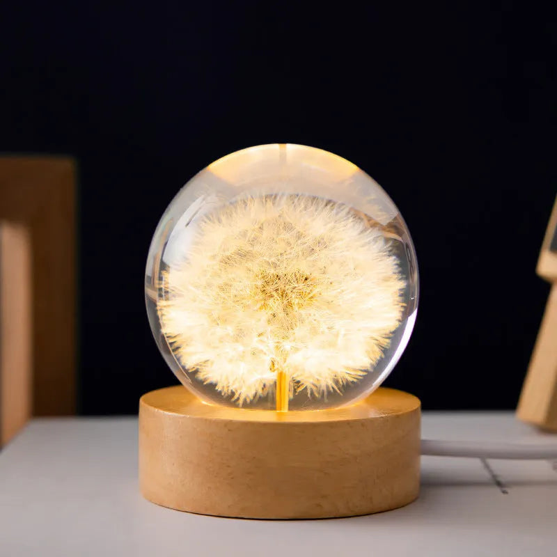 3D dandelion eternal flower in crystal ball on beech wood base USB night light