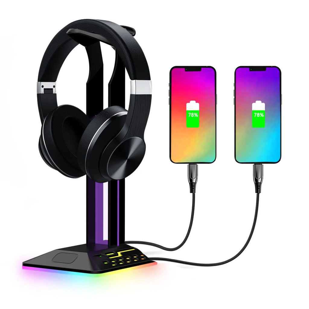 RGB headphone display stand with colour changing lights and dual USB ports in acrylic construction