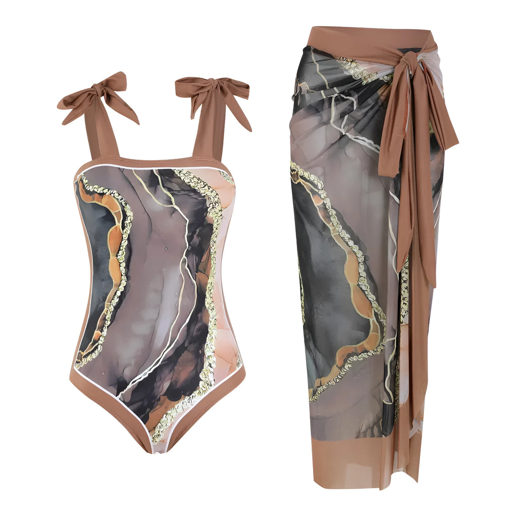 Floral print conservative one-piece swimsuit with mesh tube top and matching skirt