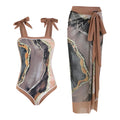 Floral print conservative one-piece swimsuit with mesh tube top and matching skirt