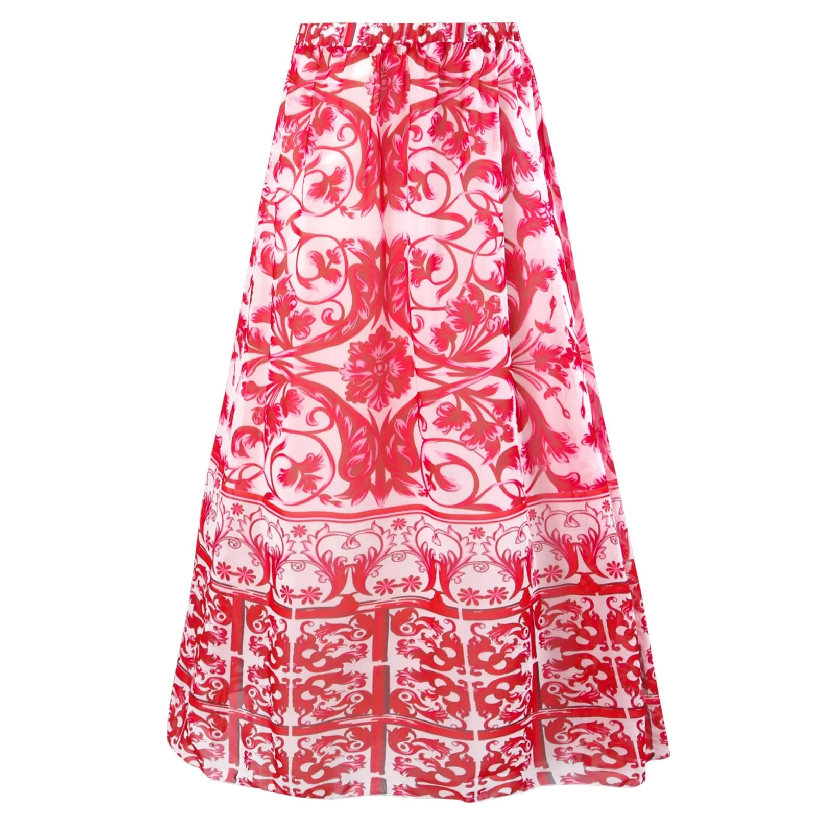 Women's printed one-piece swimsuit in rose pink on a mannequin.