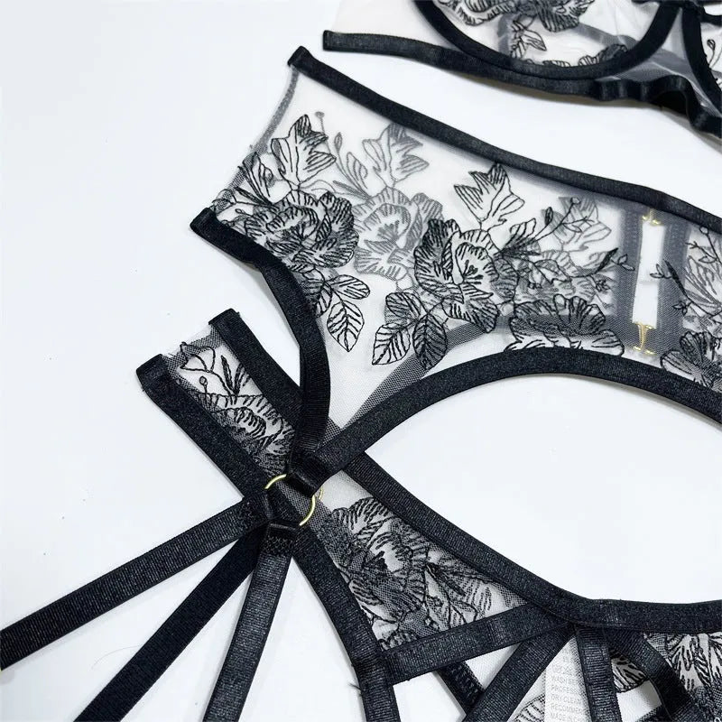 Black lace mesh floral print women's three-piece set with crop top and wide-leg trousers