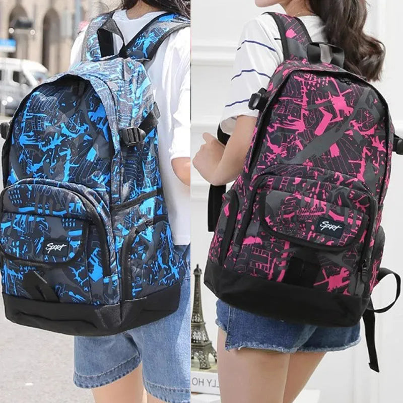 Classic blue and red nylon backpack with large capacity and padded straps.