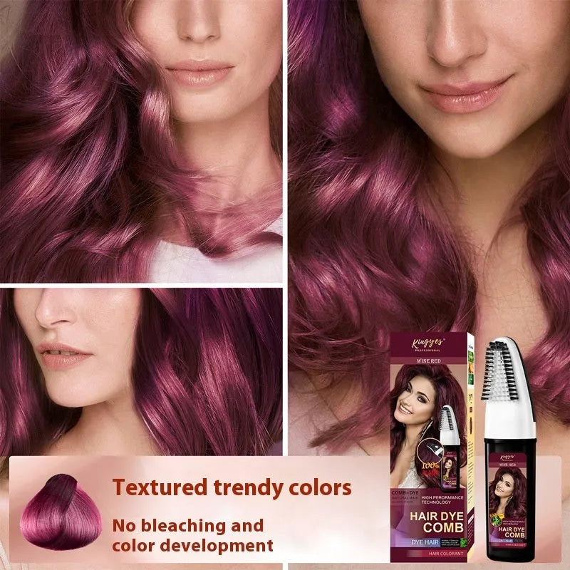 Hair dye kit showing three 200ml tubes in brown, wine red, and dark brown shades with comb applicator