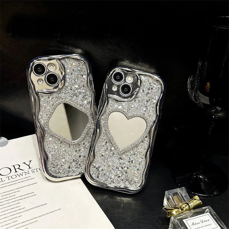 Silver grey TPU phone case with heart-shaped mirror insert and cream high flash epoxy shell for iPhone