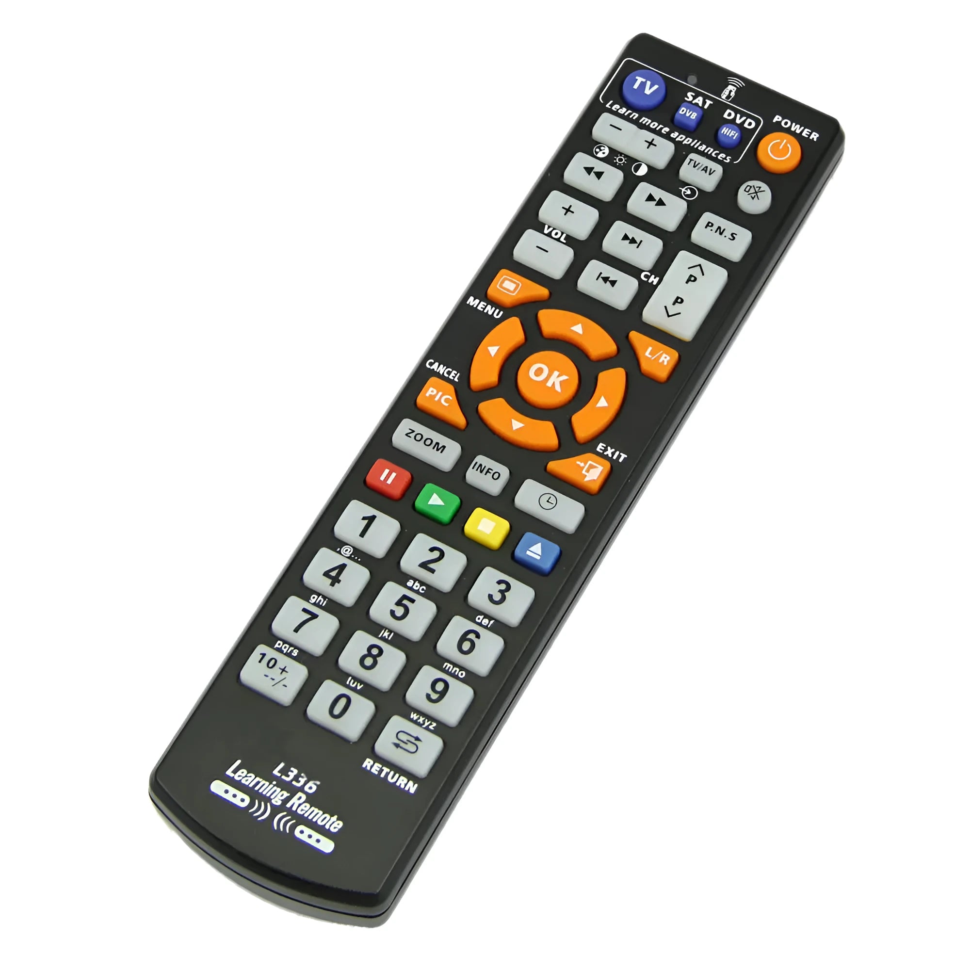 Black L336 universal learning remote control with full key buttons and infrared transmitter