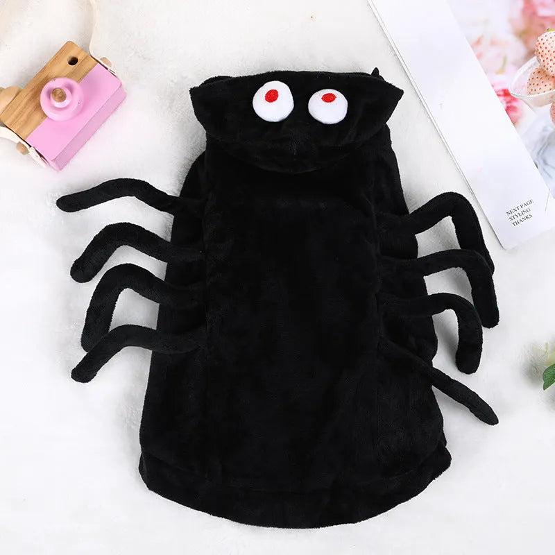 Dog wearing black spider pattern Halloween costume with polyester construction