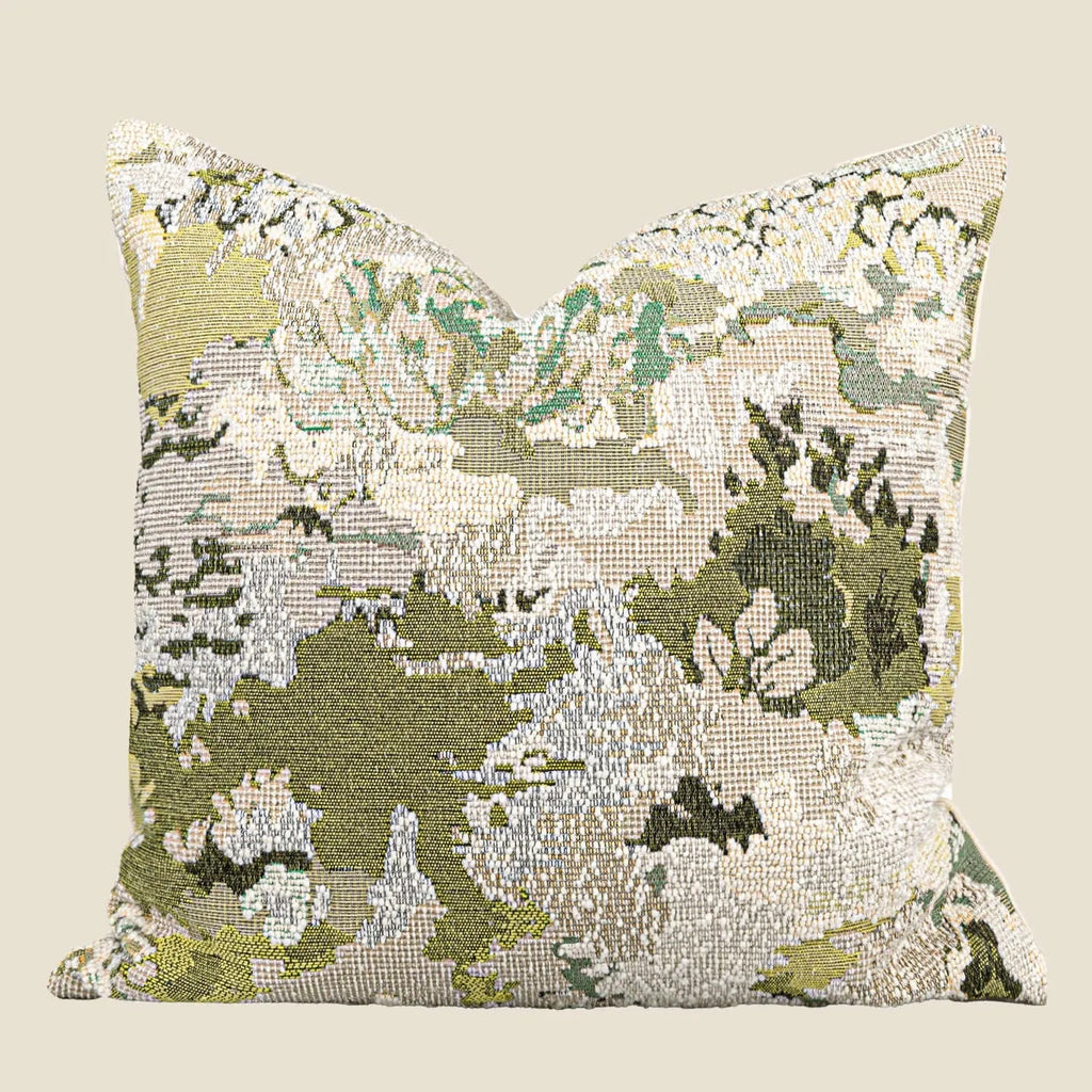 Antique green wool blended pillow with abstract spring flower pattern in French Chinese style