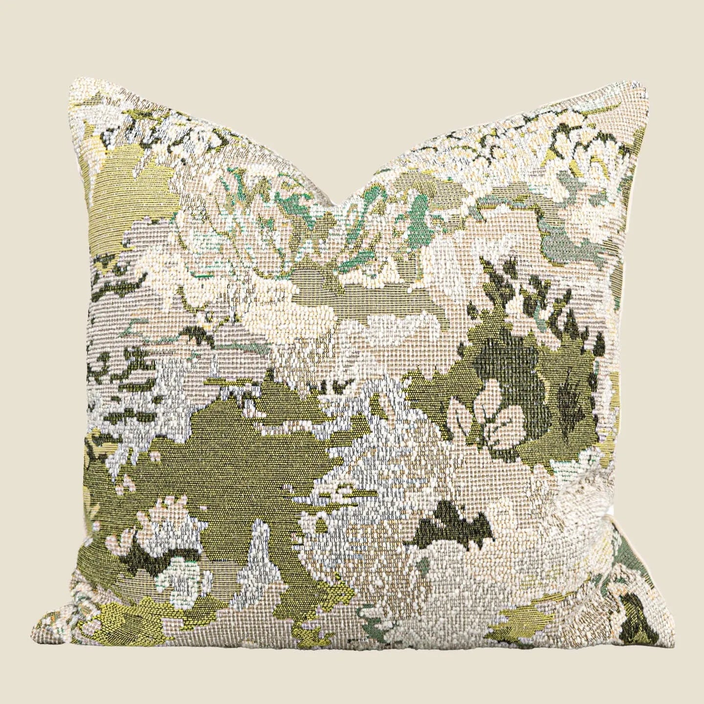 Antique green wool blended pillow with abstract spring flower pattern in French Chinese style