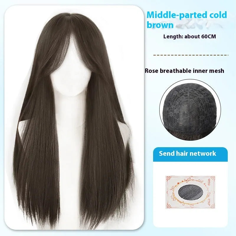 A long straight black synthetic wig with bangs, shown in brown black and cold brown colour options.
