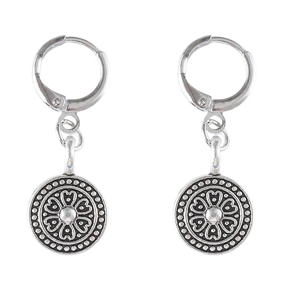 Geometric round zinc alloy earrings with distressed ethnic bohemian styling and electroplated finish