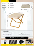 Compact foldable outdoor stool in khaki colour with oxford cloth seat, shown in folded and unfolded states.