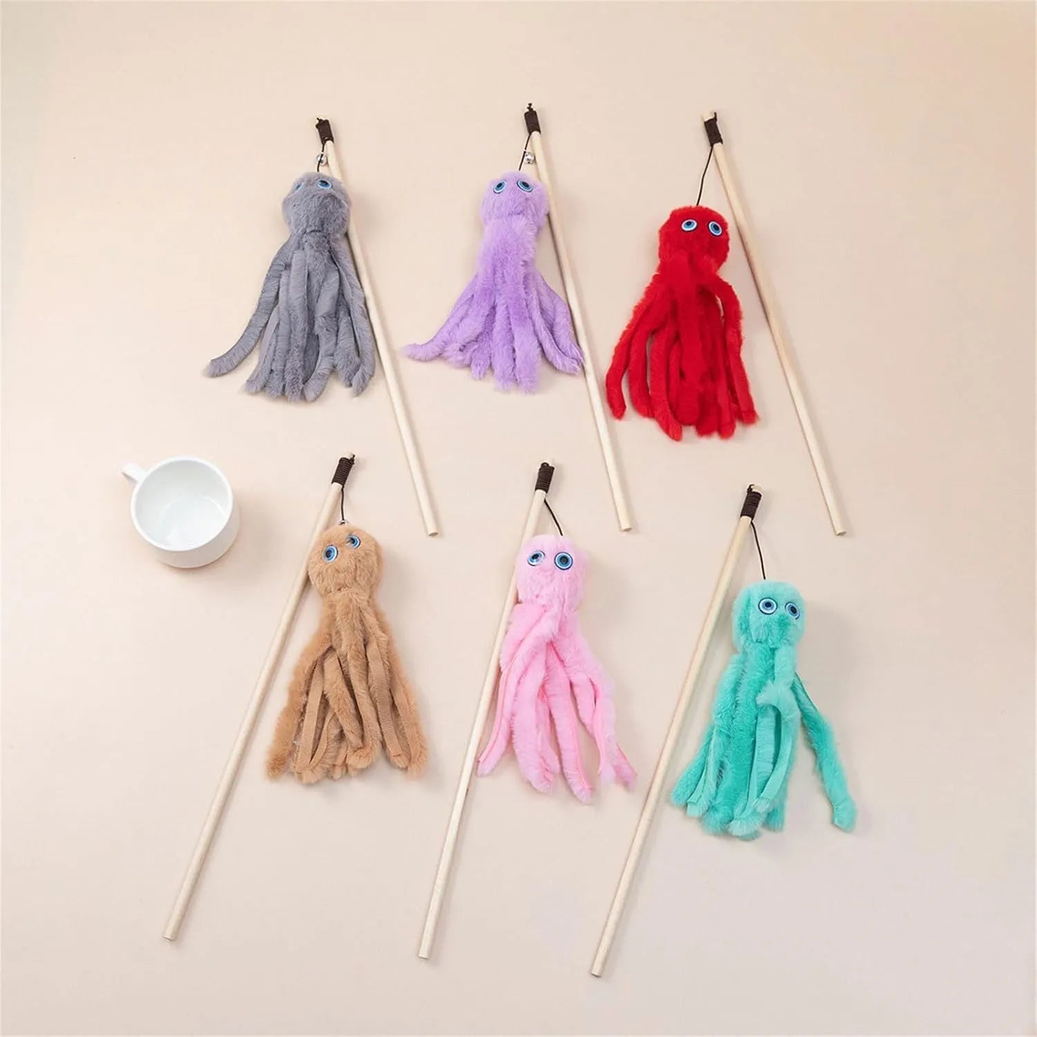 Octopus-themed cat toy with eyes on long 40cm stick for indoor cats