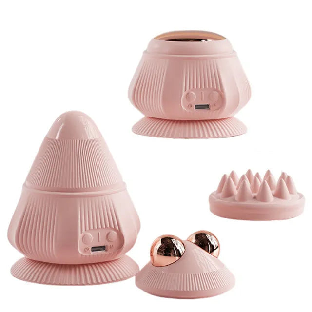 Rechargeable neck massager with multi-head silicone design and hot compress, shown in pink with gift box