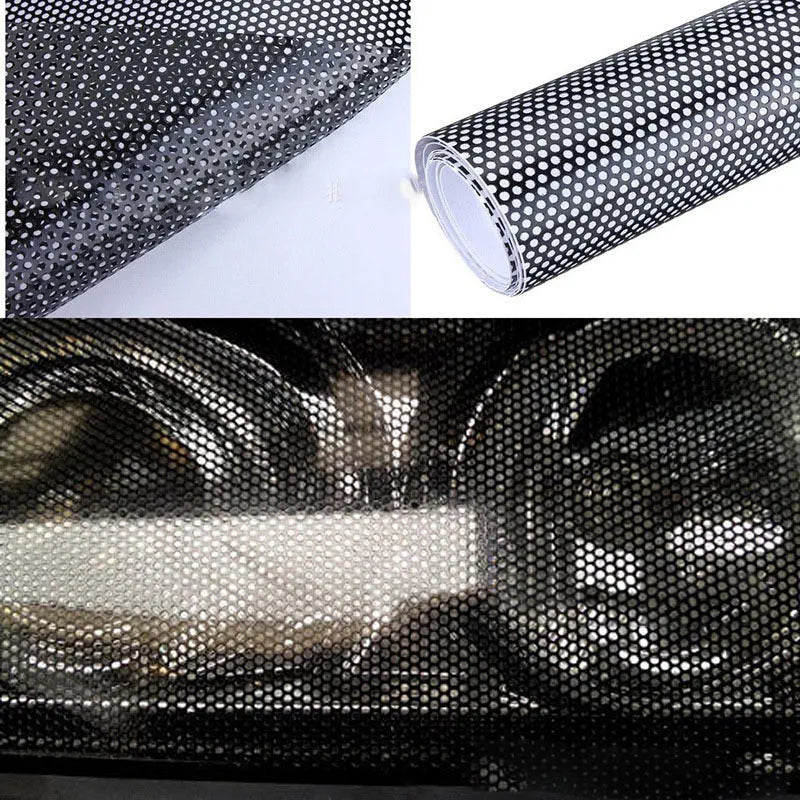 Perforated automotive vinyl wrap film sheet measuring 30cm by 106cm