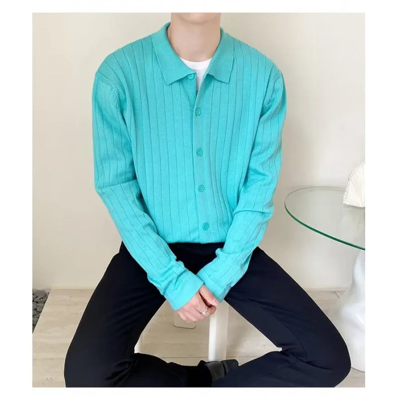 Men's loose fit cotton chenille cardigan sweater with lapel collar, available in green grey black white